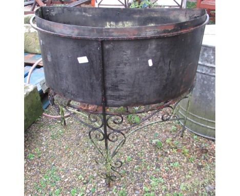 The Grange Goathland - Victorian half-moon outdoor planter with scroll design legs and wooden base (A/F), H79cm W71cm D31cm 