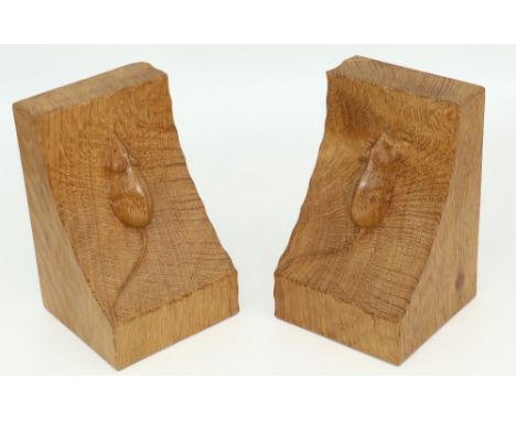 Robert Mouseman Thompson of Kilburn - pair of adzed oak bookends, carved with signature mice, W8.5cm D9cm H15cm (2)