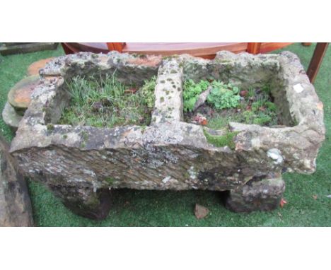 The Grange Goathland - Twin compartment sandstone trough, on stone plinths, 89cm x 46cm, compartments 34cm x 30cm and 34cm x 