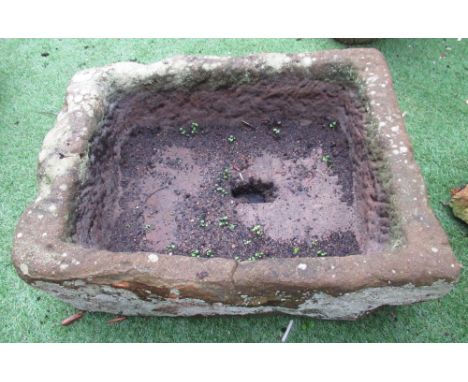 The Grange Goathland - Weathered and worn sandstone trough with drainage hole, approx 69cm x 51cm x 25cm 