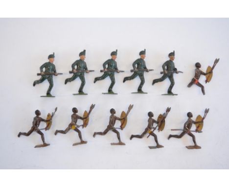 The Grange Goathland - Collection of vintage W.Britain's lead toy figures including 6 Zulu warriors with articulated right ar