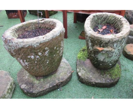 The Grange Goathland - Unusual sandstone urn with carved handles and oval body, on plinth base measuring 61cm x65cm, and anot