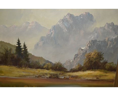 20th Century oil on canvas, K. Lichenburg, mountainous landscape, 14ins x 20ins together with a 20th Century oil on board, he
