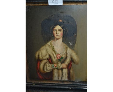 19th Century continental oil on panel, portrait of a lady wearing a black hat and fur trimmed cape, 9.5ins x 7.5ins, gilt fra