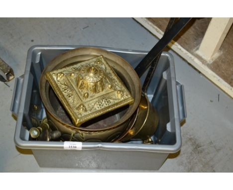 Brass inkwell with cover, quantity of other various copper and brass ware and a brass embossed firescreen