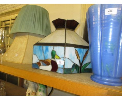 Octagonal coloured leaded glass hanging lamp shade decorated with ducks and bulrushes