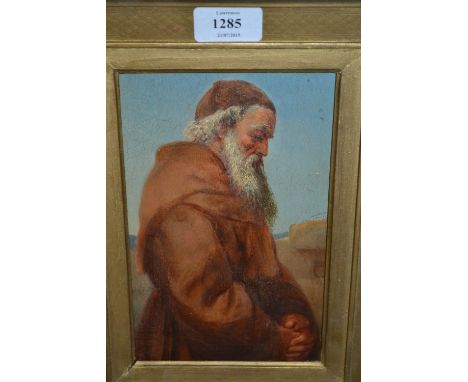 19th Century oil, portrait of a monastic figure, heavy gilt framed, 8ins x 5ins