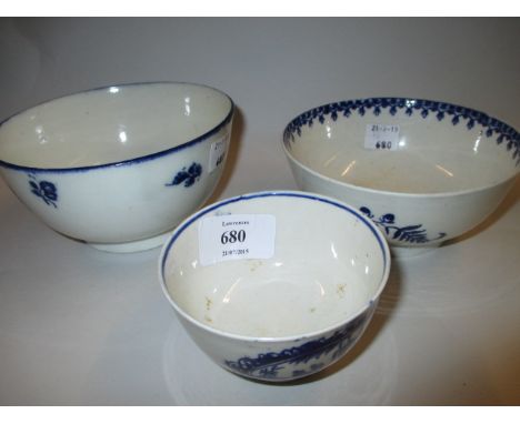 First Period Worcester bowl painted with floral sprigs, another similar bowl (a/f) and a similar tea bowl