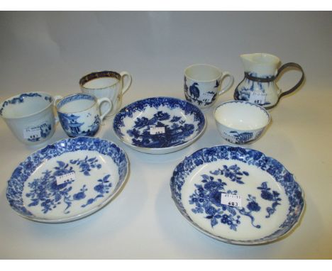 Three early English blue and white cups, three saucers and a tea bowl together with a Longton Hall jug and a blue and gilt cu