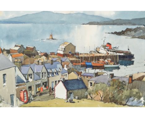 Edward Wesson, watercolour over ink, a Highland ferry port with a telephone box, restaurant and Post Office to the foreground