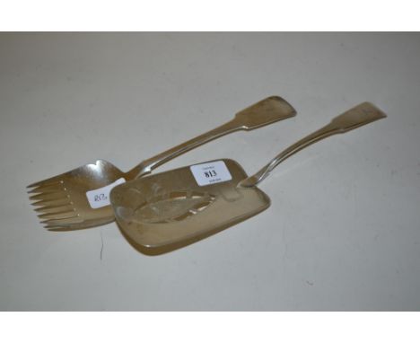George III silver fish slice, Dublin 1808, maker G.N. together with a George IV silver serving fork, Dublin 1827, marked P.M.
