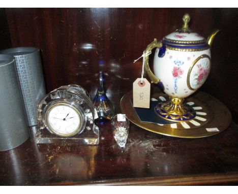 20th Century porcelain reproduction of the Faberge egg Imperial teapot, together with a fruit and gilt decorated cabinet plat