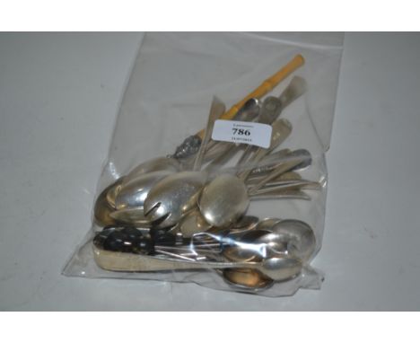 Silver mounted pickle fork, various silver bean handled coffee spoons and a quantity of other silver tea and coffee spoons