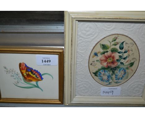 Miniature watercolour, study of a butterfly, another, study of flowers and insects and a small oval gilt framed print of butt