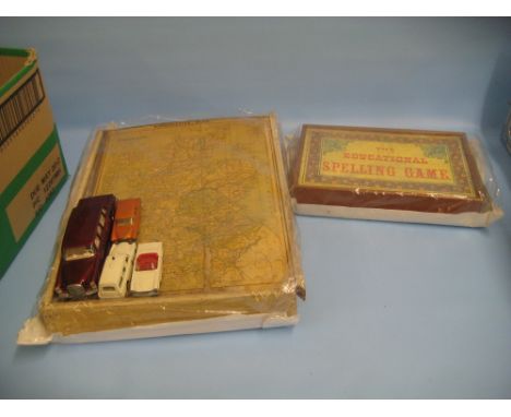 Late 19th Century jigsaw puzzle of Scotland with map in wooden box, educational spelling game in wooden box and four Mercedes