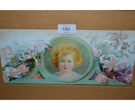 Watercolour and bodycolour, portrait of a child within a floral border, 5.5ins x 12ins