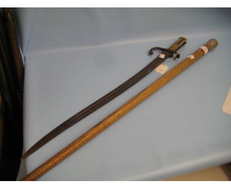 Indian white metal mounted walking stick (with alterations), together with a 19th Century bayonet