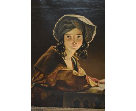 J Mirecki, 19th Century Polish school, oil on canvas, half length portrait of a girl reading from a book, signed, 33ins x 26.