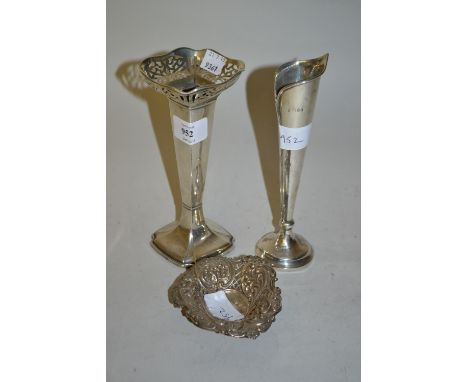 Two silver specimen vases together with a silver trinket dish