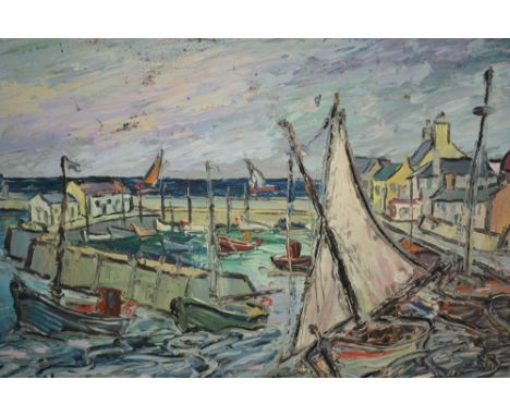 George Hann, double sided oil on board, Impressionist style Harbour scene with sailing boats and buildings and a head and sho