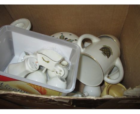 Box containing a quantity of various large and miniature Goss china including a three handled mug, rose bowl, candlestick etc