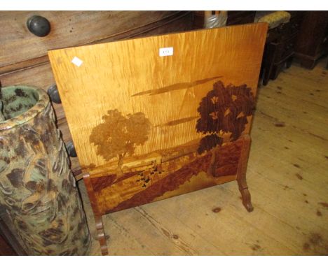 Early 20th Century firescreen with parquetry inlay of huntsman and dogs in a landscape