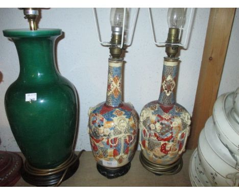 Pair of Satsuma pottery table lamps together with a Chinese green pottery table lamp