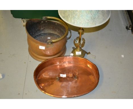 Early 20th Century brass table lamp base with shade together with a copper coal scuttle and a copper saucepan lid