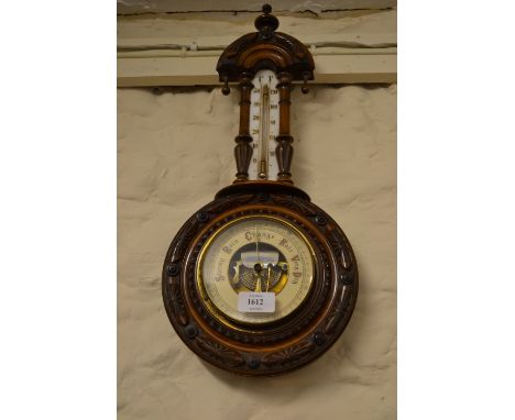 Small Edwardian carved aneroid barometer thermometer