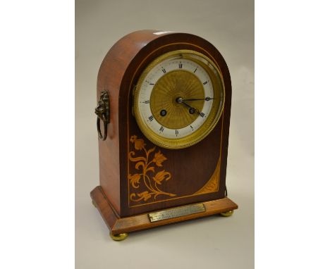 Edwardian mahogany and floral marquetry inlaid mantel clock with enamel dial and two train movement