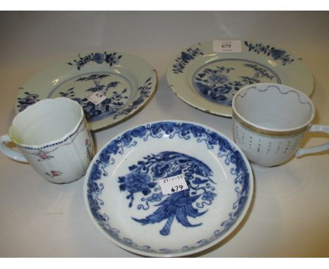 Pair of small Chinese blue and white plates decorated with flowers together with a similar saucer and two Chinese famille ros