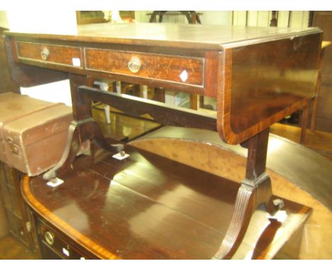 19th Century figured mahogany and crossbanded drop-leaf sofa table with two frieze drawers with brass swan neck handles, the 