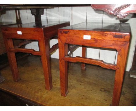 Pair of 20th Century Chinese elm lamp tables with rectangular tops, plain friezes and square cut supports with shaped stretch
