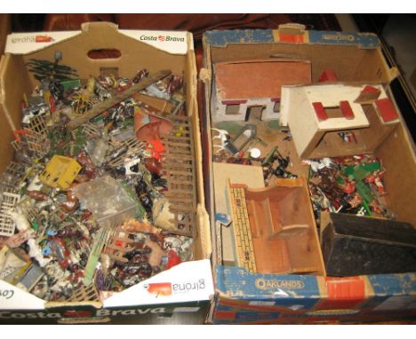 Two boxes containing a large collection of Britains lead farm toys and soldiers together with an Escalado game