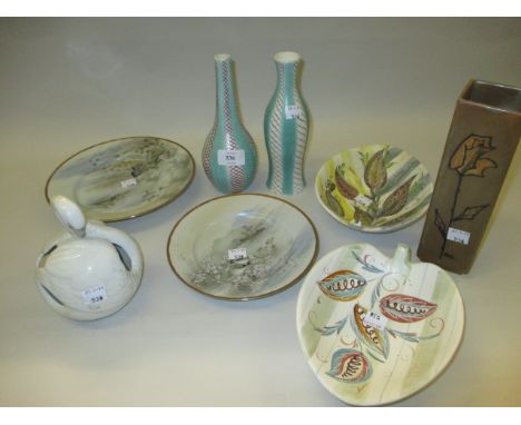 Two Poole pottery vases, two Denby dishes, two Japanese plates, an Art glass vase and a Lladro figure of a swan (a/f)