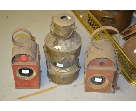 Circular ship's lantern together with two early painted metal road lamps