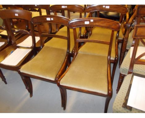 Set of seven (six plus one) Regency mahogany dining chairs, the moulded rail backs above drop-in seats and sabre supports tog