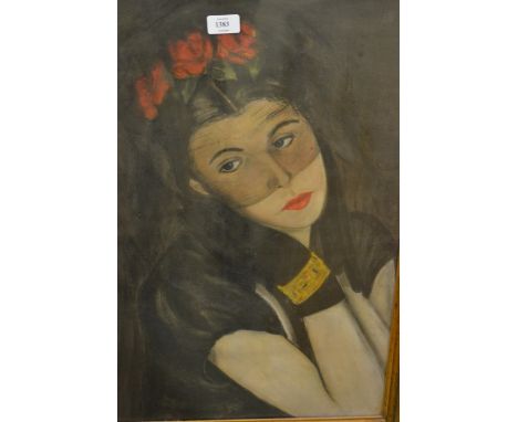 20th Century German school, pastel head and shoulder portrait of a lady wearing a floral head dress, 24.5ins x 18.5ins, gilt 