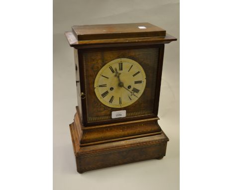 19th Century Continental brass inlaid mantel clock, the enamel dial with Roman numerals and two train movement