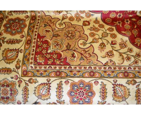 Modern red ground Kum pattern machine made carpet, 2.8m x 2m