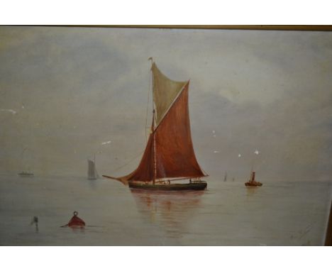 R. Monger, pair of oil paintings on card, marine scapes with sailing barges, 12ins x 18ins, gilt framed
