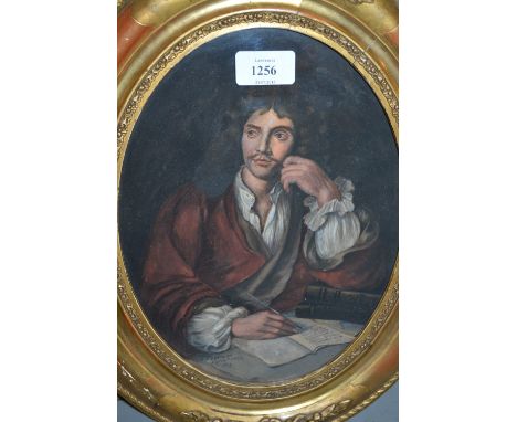 Gabriel Fournier, after Coypel, portrait of an 18th Century gentleman with pen and paper, oval gilt framed