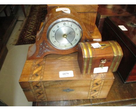 Two walnut work boxes, walnut tea caddy, small wooden money box and an oak mantel clock