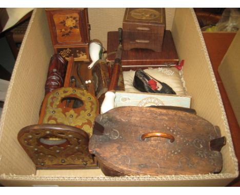 Antique horn powder flask, Victorian walnut book slide (a/f) and a small quantity of other collectables