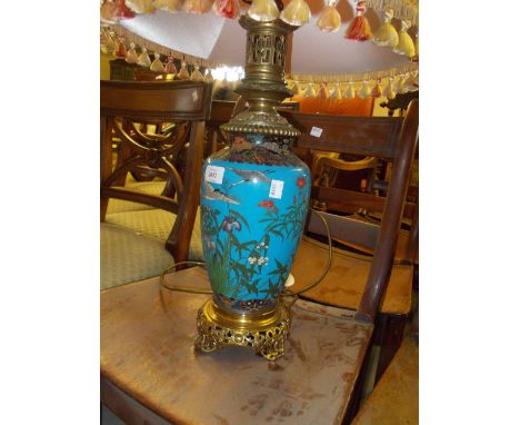 Late 19th Century Japanese cloisonne vase decorated with birds and foliage on a blue ground adapted for use as a lamp base wi