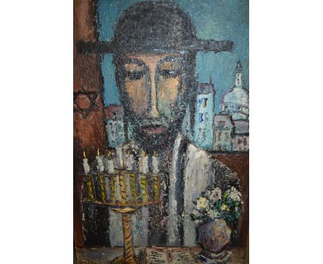 George Hann, oil on board, head and shoulder portrait of a bearded Jewish man before a window with the star of David and Meno