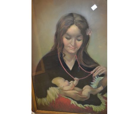 Josephine Aveline, pastel, portrait of a young mother holding her baby, 29ins x 21ins