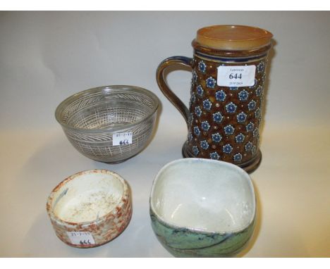 19th Century Doulton Lambeth stoneware jug with rosette design, a Jim Malone stoneware tea bowl and two Joseph Lynch bowls