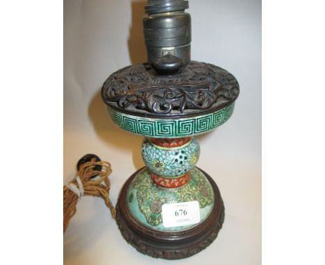 Chinese famille vert altar candlestick adapted for use as a table lamp