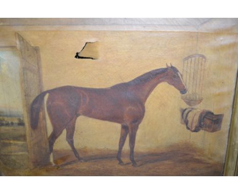 19th Century naive style oil on canvas, portrait of a racehorse in a stable (a/f), 17ins x 23ins